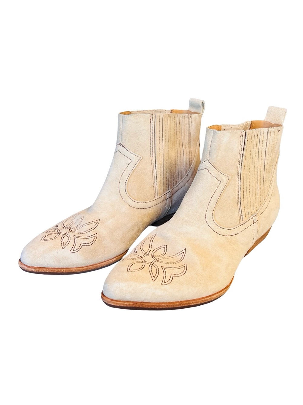 Kork Ease Women’s Sz 7 Cream Suede Western Ankle Boots Prairie Pull On Leather
